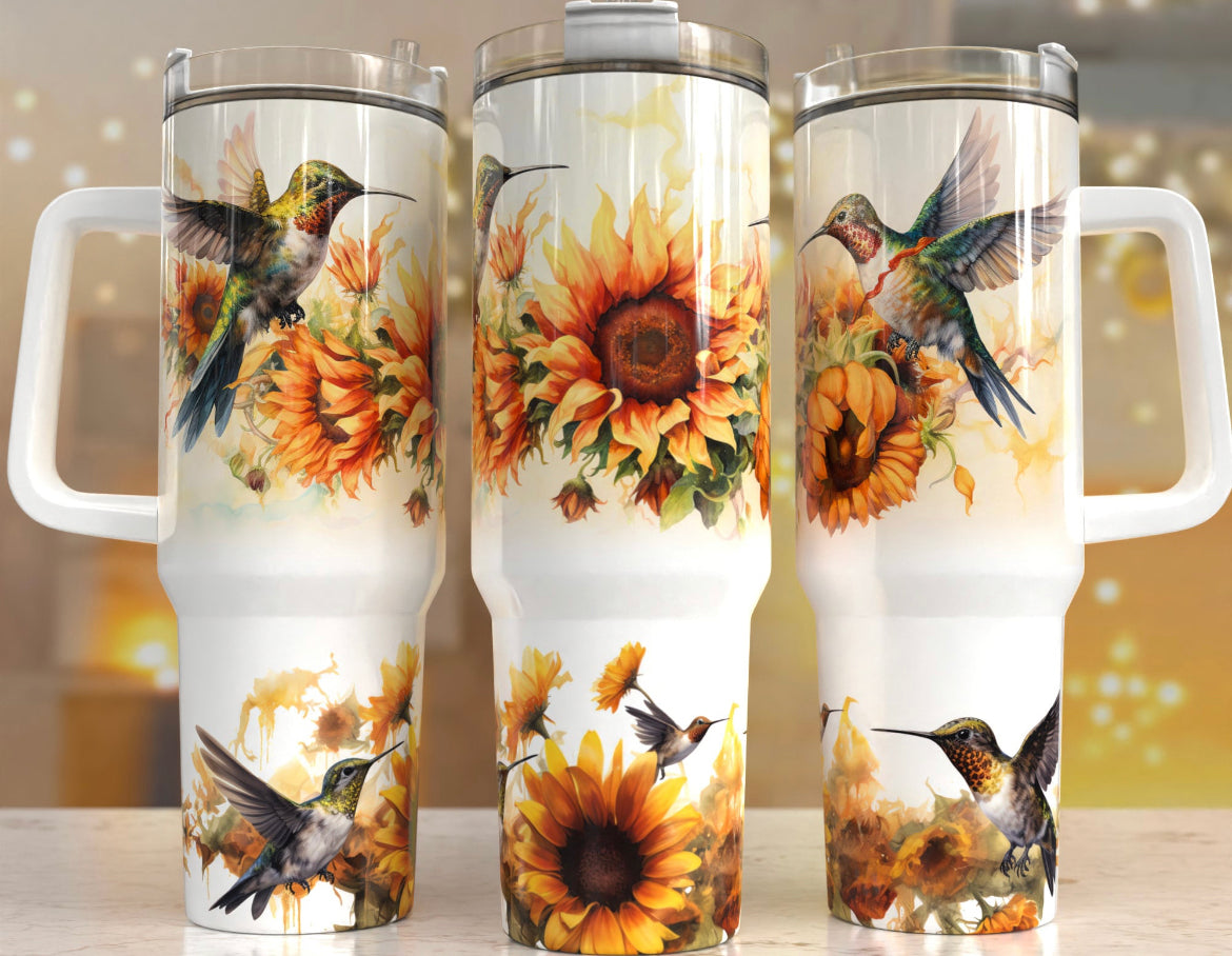 Sunflowers and humming birds 40OZ with handle
